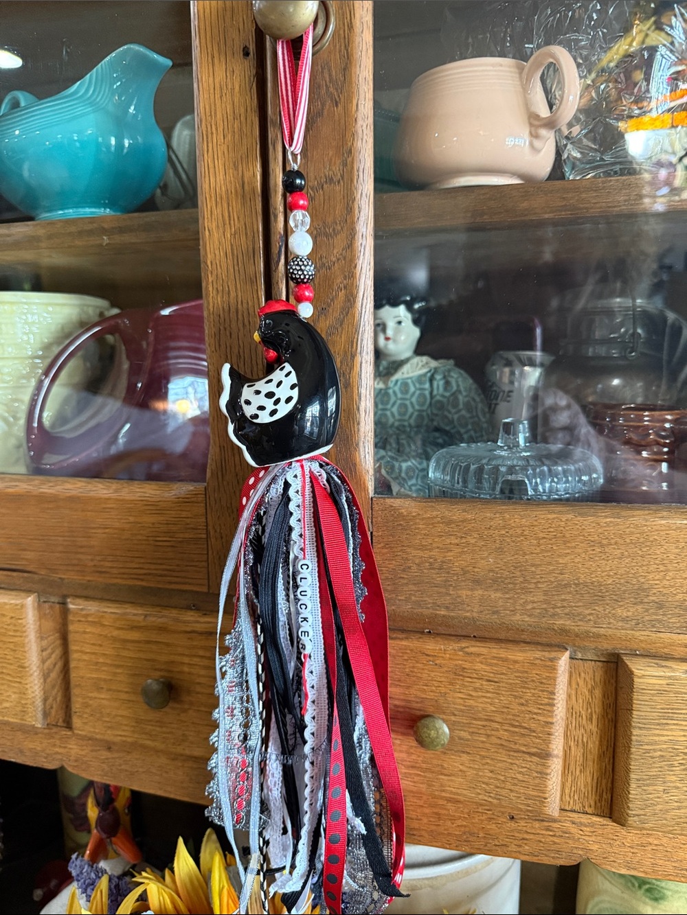 Black Ceramic Polka Dot Chicken Hanging Salt Shaker Tassel with Red Accents
